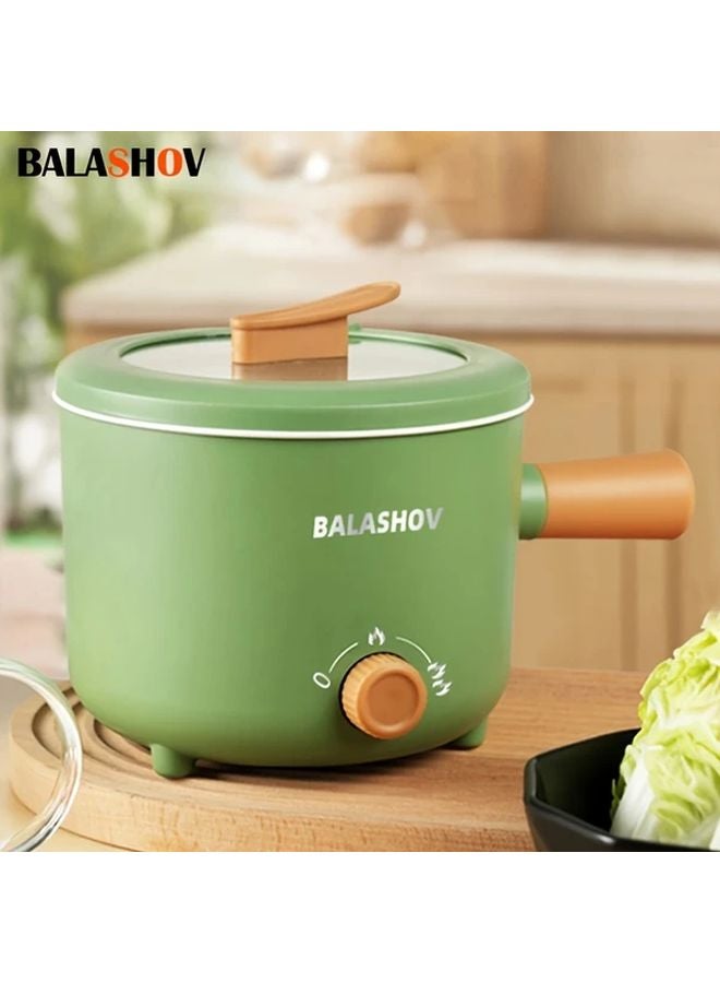 Green Electric Pot With Steamer 1 6L Non Stick Adjustable Power Ramen Cooker - Image 1